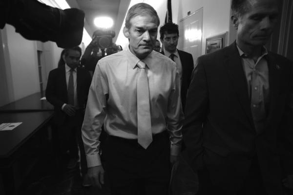 REP. JIM Jordan (R-OH) talks to reporters as he leaves a candidate forum with House Republicans to hear from members running for U.S. Speaker of House in the Rayburn House Office Building on Tuesday, Oct. 10, 2023, in Washington, D.C. (Joe Raedle/Getty Images/TNS)