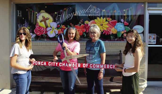 THE PONCA City Chamber of Commerce held a ribbon cutting ceremony for Waymakers Floral, located at 111 E. Grand Ave. on Friday, Aug. 11 at 10 am. From left to right: Karlie Sheik, Waymakers owner Shawndra Sheik, Janice Hensy, and Kassidy Sheik. (Photo by Calley Lamar)