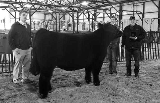 Grand Steer, Reid Buellesfeld with show judge Jett Smith and sponsor Atwood’s Ranch and Home, Manager Ron Roehl.