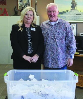 For the third year in a row, the Ponca City Chamber of Commerce held their annual Receipt Campaign in February. The drawings were held at 5 pm on the last day of the campaign on Tuesday, Feb. 28. Chamber Vice-President Tiffany Hermann (left) and Chamber Chair Rick Hancock (right) drew out six winners. The biggest prize was $500 in Chamber Bucks, and there were five winners for $100 in Chamber Bucks. (Photo by Calley Lamar)