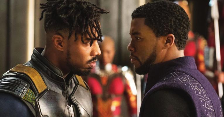 Michael B. Jordan as Erik “Killmonger” Stevens faces off with Chadwick Boseman’s T’Challa in Black Panther, 2018.