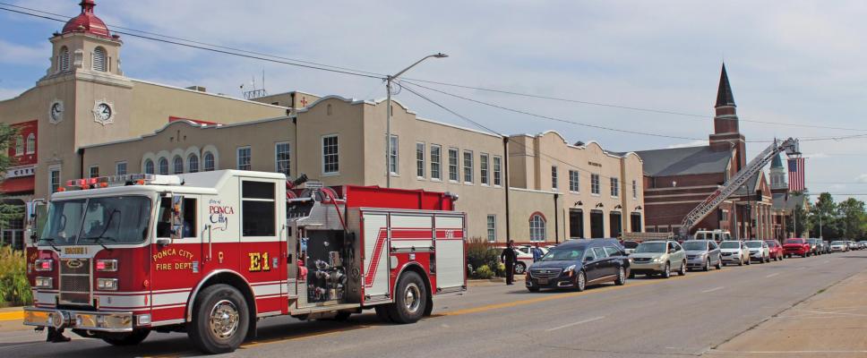 A funeral service was held for retired Deputy Fire Chief Kenneth Sherron on Sept. 15. He worked for the Ponca City Fire Department for 21 years and the procession was led by fire truck and saluted by servicemen. (Photo by Calley Lamar)