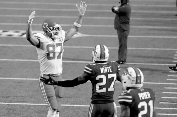 Kansas City Chiefs’ Travis Kelce, left, celebrates his touchdown during the first half of an NFL football game against the Buffalo Bills, Monday, Oct. 19, 2020, in Orchard Park, N.Y. (AP Photo/Jeffrey T. Barnes)