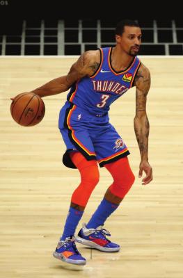George Hill #3 of the Oklahoma City Thunder dribbles against the Los Angeles Clippers during the first quarter at Staples Center on January 22, 2021 in Los Angeles, CA. (Katelyn Mulcahy/Getty Images/TNS)