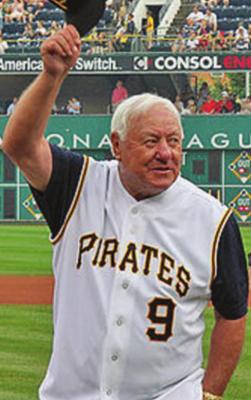 BILL MAZEROSKI tips his cap to a Old-Timers’ Game crowd. Maz hit a walk off home run giving the Pittsburgh Pirates victory over the New York Yankees in the 1960 World Series.