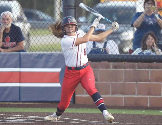 MARGARET BLACKSTAR of Ponca City swings the bat during a softball game earlier this year. Blackstar was named to the Class 6A District 3 All-District softball team. Libby Clark and Tori Freeman were named as honorable mention members of the team. This photo was provided by Larry Williams.