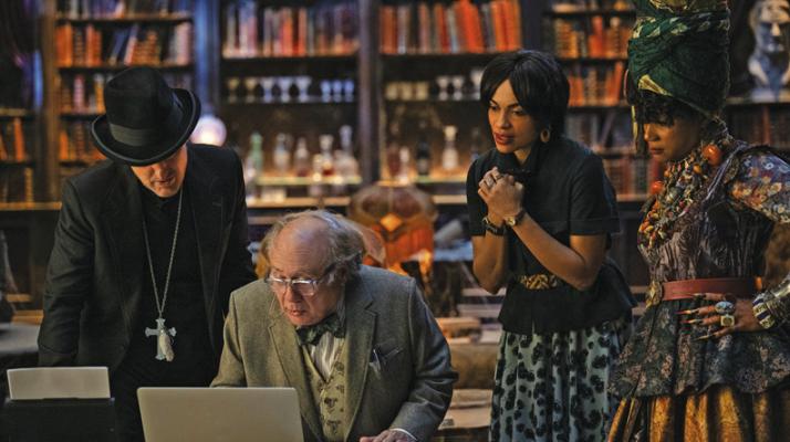 FROM LEFT, Owen Wilson as Father Kent, Danny DeVito as Bruce, Rosario Dawson as Gabbie and Tiffany Haddish as Harriet in Disney’s live-action “ Haunted Mansion.” (Jalen Marlowe/Disney/TNS)