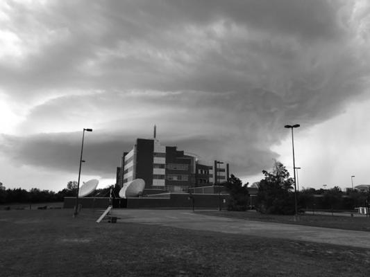 THE APRIL 19, 2023, tornado is shown bearing down on the National Weather Service Severe Storms building in Norman moments before it shifted further south. (Photo provided by the National Weather Service).