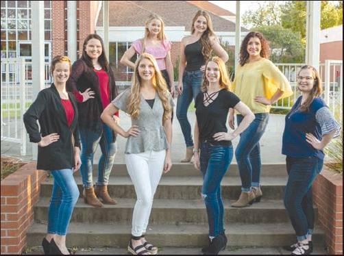 EIGHT CANDIDATES will vie for Miss NOC Tonkawa at the Kinzer Performing Arts Center in Tonkawa on Tuesday, Oct. 29. Front Row (L-R): Mariah Moberly, Oklahoma City; Savannah Dolezal, Perry; Carli Pendleton, Tonkawa; Brittney Edwards, Stillwater. Middle Row (L-R): Collyn Combs, Bartlesville; Karah McCleary, Blackwell. Top Row (L-R): Aerin Rhea, Medford; Chandler Brown, Ponca City.