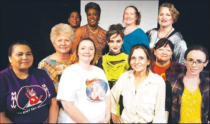 ”TALKING WITH ...” will open this weekend at the Ponca Playhouse. Pictured, front row from left, are Tamara Campbell, Deanna Hinshaw, Janine Hunt and Storm Fields, middle row, Karen Mason, Katelyn Moore and Marlys Cervantes, and back row, Dolley Rolland, Pamela Alexander, Stacie Snyder and Tara Tyler.