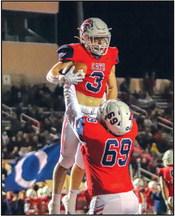 PONCA CITY’S Trycten Boyer (69) and Grant Harmon (3) celebrate after Harmon scored a touchdown Friday in a 44-8 victory over Northwest Classen of Oklahoma City. The two are seniors and were among those recognized at Senior Night festivities. This photo was provided by Justin Boyer.
