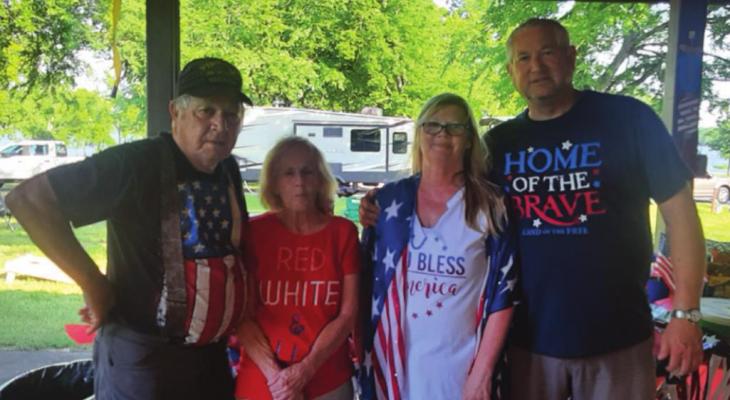 Each month a different couple hosts the Wheeler Dealers campout. Hosting the June campout on Fort Gibson Lake were left, Charley and Vie Bottger, Ponca City, and right, Annette and Mark Corbell, Owasso.