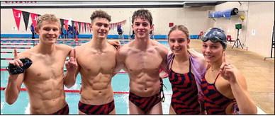 PONCA CITY High School swimmers won the Tulsa Union Invite Thursday, both on points and by winning the winner-take-all shootout. Swimming a 50 yard freestyle leg in the shootout were, from left, Kyle King, Timothy Crank, Braden Stewart, Sarah Dingus and Mattie Shearer.