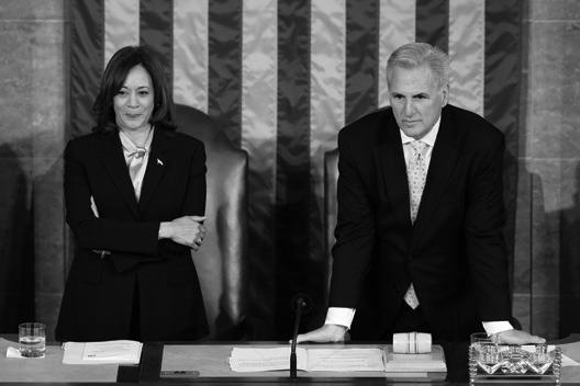 U.S. VICE President Kamala Harris and U.S. Speaker of the House Kevin McCarthy (R-CA) wait for the departure of South Korean President Yoon Suk-yeol during a joint meeting of Congress in the House Chamber of the U.S. Capitol on April 27, 2023, in Washington, DC. (Anna Moneymaker/Getty Images/TNS)