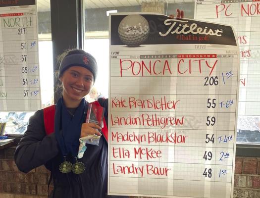 LADY CAT Landry Baur holds up a score sheet that shows a team of Ponca City Lady Cat golfers won an event in Moore this week. Baur was the individual champion for the event.