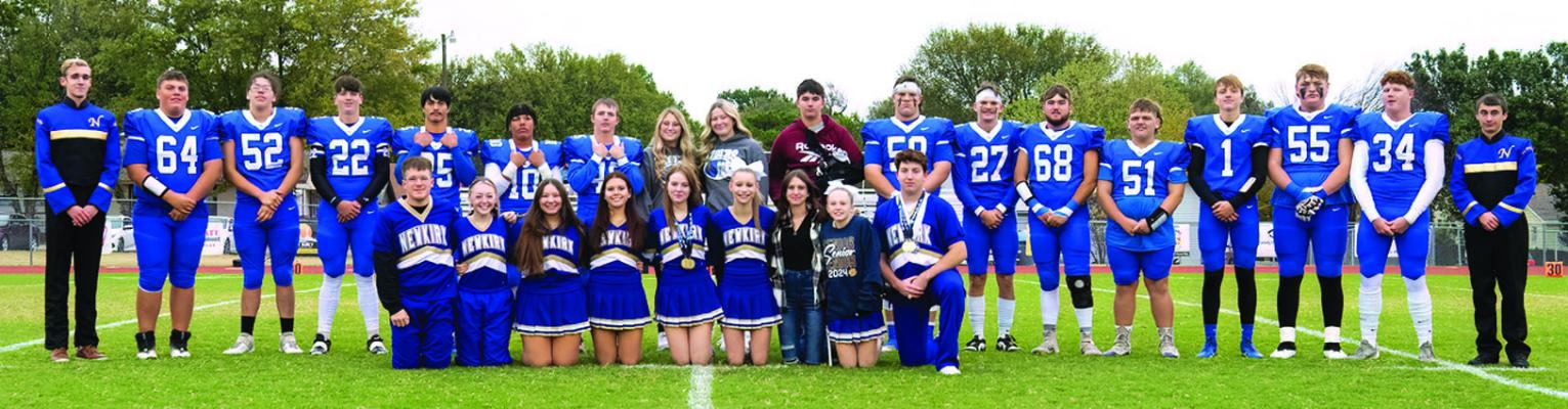 SENIOR NIGHT was celebrated Friday night at Newkirk’s football game against Blackwell in Newkirk. Newkirk honored its seniors and then defeated Blackwell 34-6. Read the story on page 6. Photo provided by Dr. John Holden.