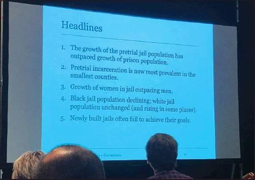 CHRIS MAI, research associate at Vera’s Center on Sentencing and Corrections, shows headlines for jails across the U.S. in this slide show at a recent Poynter Institute conference. (News Photo by Kristi Hayes)