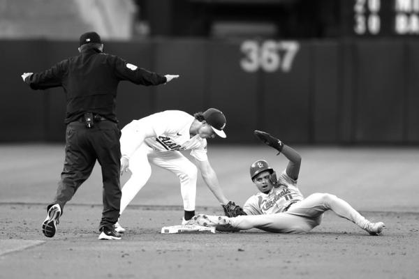THE ST. Louis Cardinals’ Masyn Winn (0) steals second base ahead of the tag from Oakland Athletics infielder Zack Gelof in the third inning at Oakland Coliseum on Tuesday, April 16, 2024, in Oakland. (Lachlan Cunningham/Getty Images/TNS)