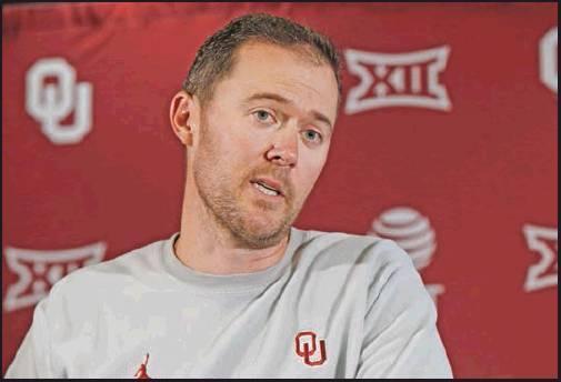 OKLAHOMA HEAD coach Lincoln Riley answers a question during an NCAA college football news conference Monday in Norman. Oklahoma opens the season against Houston on Sunday. Last time that happened, the Cougars pulled a stunner in 2016 that crippled Oklahoma’s chances of reaching the College Football Playoff. The Sooners are well aware and don’t want a repeat. (AP Photo)