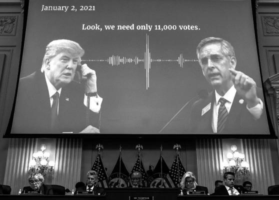 An audio recording of former President Donald Trump talking to Georgia Secretary of State Brad Raffensperger is played during the US House Select Committee hearing to Investigate the January 6 Attack on the U.S. Capitol, on Capitol Hill in Washington, D.C., on Oct. 13, 2022. (Alex Wong/Pool/AFP/Getty Images/TNS)