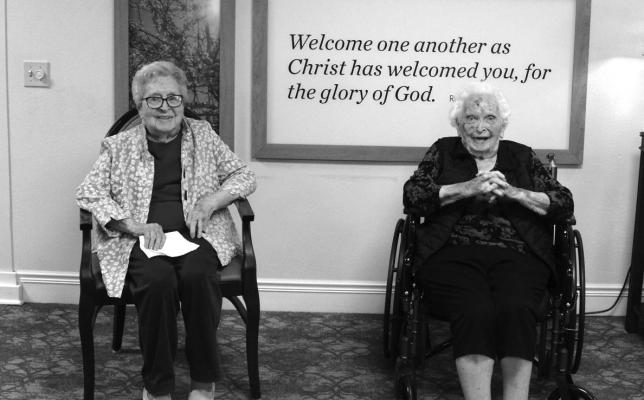 TWO RESIDENTS at Via Christie turn 101 this month. Ina Belle (Barker) Marshall (left) and Helen (Reese) Head (right), were previously presented with plaques and Golden Okie pins by the Centenarians of Oklahoma organization on their 100th birthdays last year. (Photo by Calley Lamar)
