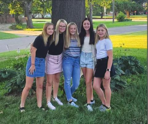 Pictured from left to right are Landri Ramey, Kaelyn Ramey, Hope Bradford, Aubry Kienzle and Stevee Osborn. They are all 8th grade Tonkawa Buccaneers and softball players. Here they are on their first day of school in Tonkawa and will be headed to Blackwell for a softball tournament this weekend. Courtesy photo.