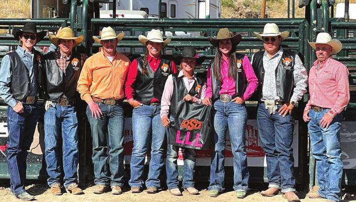 CNFR qualifiers and coaches include, from left, Cody Huwa, Ethan Griffin, graduate student assistant Zane Grigsby, Lexie Russell, Kenna McNeill, Cheyenne Bartling, LJ Yeahquo and OSU Rodeo coach Cody Hollingsworth. (Photo courtesy OSU Rodeo)