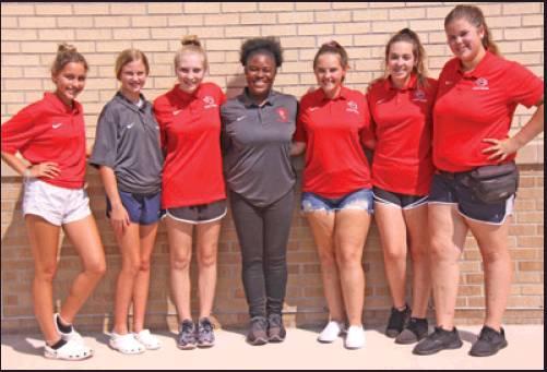 AN IMPORTANT element of the Ponca City WIldcat football team is the corps of student trainers under the direction of Briana Snype, head athletic trainer. The trainers include, from left, Corrina Hill, McKenna Tapp, Cheyann Hutchison, Head Athletic Trainer Briana Snype, Taylor Arbona, Alyssa Anderson and Madi Jernigan. (News Photo by David Miller)