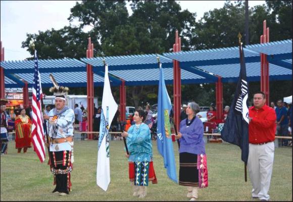THE KAW VETERAN’S Color Guard performing at the 2018 Standing Bear Powwow. This photo was taken by Zac Robertson.