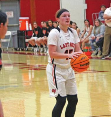 SHOOTING A free throw during the recent North Country Tournament in Tonkawa is Tonkawa’s Kamryn Alexander (45). Tonkawa’s girls will play in the Class 2A Regional Tournament at Po-Hi’s Robson Field House at 1:30 p.m. Thursday against Mounds. (News Photo by David Miller)