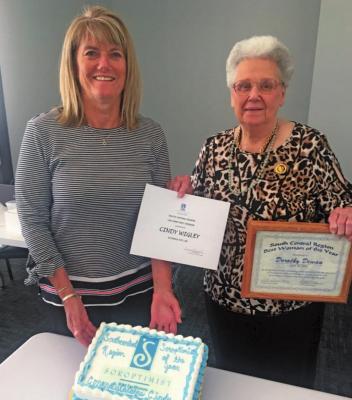 Cindy Wigley, left, was honored by the Soroptimist Club of Ponca City for the South Central region Best Woman of the Year Award. Making the presentation was the first South Central region recipient of this award and SIPC member Dorothy Dewan, right.
