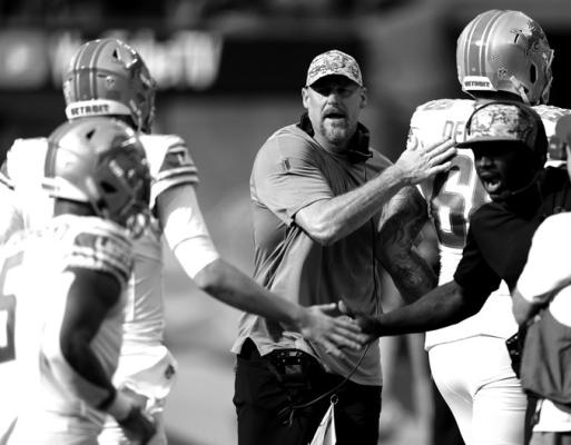DETROIT LIONS head coach Dan Campbell reacts to a touchdown during the second quarter against the Los Angeles Chargers at SoFi Stadium on Nov. 12, 2023, in Inglewood, California. (Harry How/Getty Images/TNS)