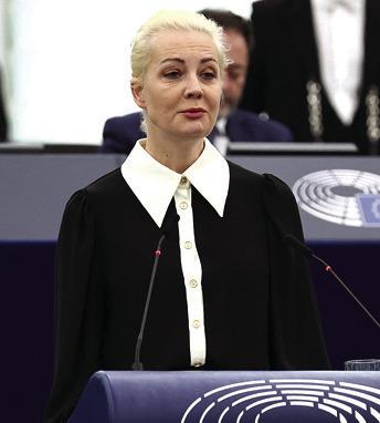YULIA NAVALNAYA, widow of Kremlin opposition leader Alexei Navalny who died on Feb. 16 in a Russian prison, addresses the European Parliament in Strasbourg, eastern France, on Feb. 28, 2024. Russian opposition leader Alexei Navalny’s funeral service will be held at a church in southern Moscow on March 1, 2024, allies of the politician said. (Frederick Florin/ AFP via Getty Images/TNS)