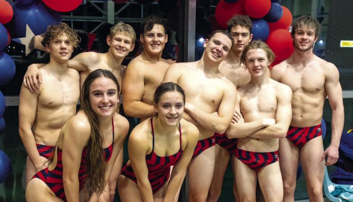 SENIORS ON the Ponca City High School swim team were recognized Thursday night during the annual Senior Night festivities. The seniors include, front row from left, Sarah Dingus, Pracilla Ard; back row, Hemming Lauterbach, Kyle King, Aiden Tapp, Riley Ladner, Timothy Crank, Viktor Scholz and Braden Stewart. The ceremony took place during a dual at the Ponca City RecPlex with Enid, which Ponca City swept. This photo was provided by Jesse McClelland.