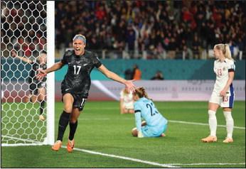 HANNAH WILKINSON of New Zealand celebrates after scoring her team’s first goal during the FIFA Women’s World Cup Australia &amp; New Zealand 2023 Group A match between New Zealand and Norway at Eden Park on July 20, 2023, in Auckland, New Zealand. (Phil Walter/Getty Images/TNS)