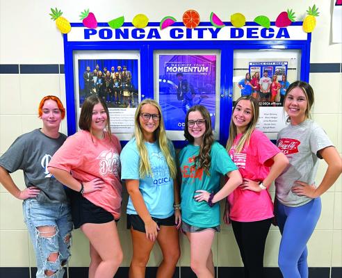 DECA Elects 2022-2023 Officers The Ponca City DECA chapter recently elected officers for the 2022-2023 school year. Officers pictured, from left, are Tynli Nickell, reporter; Emma Bickford, secretary; Ryleigh Rowe, president; Laney Reynolds, vice-president; Lanie Hendricks, social media; and Amaela Sunderland, treasurer. The Ponca City DECA chapter is led by advisor Heather Monks.