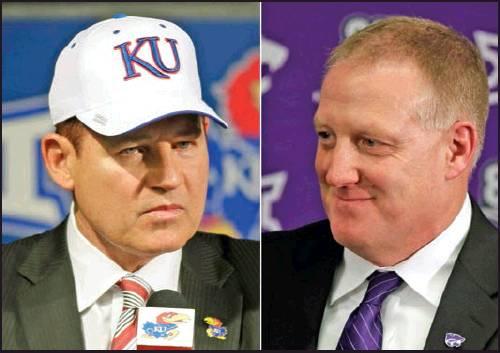 NEW KANSAS football coach Les Miles, left, is shown at an news conference in Lawrence, Kan., Nov. 18, and Chris Klieman is shown as he was introduced as the 35th Kansas State head football coach in Manhattan, Kan., Dec. 12. The two schools took vastly different approaches to hiring new head coaches. (AP Photo)