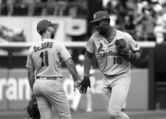PAUL DEJONG (11) and Jordan Walker (18) of the St. Louis Cardinals celebrate after their team’s win over the Chicago White Sox at Guaranteed Rate Field on July 9, 2023, in Chicago, Illinois. The Cardinals defeated the White Sox 4-3. (Nuccio DiNuzzo/Getty Images/TNS)