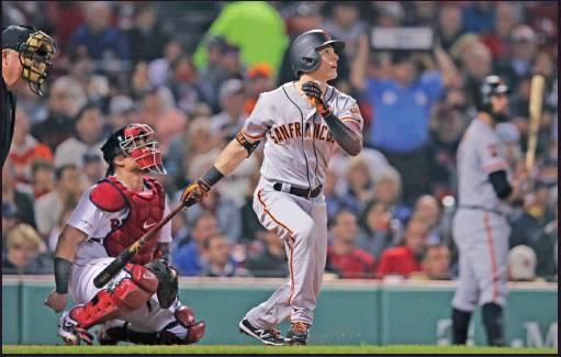 SAN FRANCISCO Giants’ Mike Yastrzemski watches the flight of his solo home run in the fourth inning of a game against the Boston Red Sox at Fenway Park in Boston, Tuesday. Yastrzemski is the grandson of Red Sox great and Hall of Famer Carl Yastrzemski. (AP Photo)