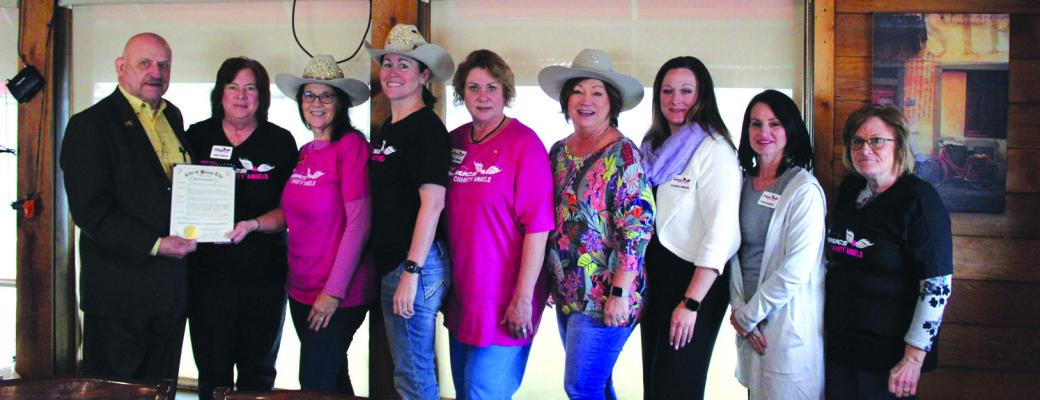 Mayor Homer Nicholson (far left) was at the Ambucs Charity Angels meeting on Wednesday, March 8 to present a proclamation declaring March as Visibility Month. Pictured with the mayor from left to right are: Ginny Durham, Donna Hingtgen, Wendy Bond, Helen Coleman, Katrina Presnal, Teresa Barney, Teresa Mason. (Photo by Calley Lamar)
