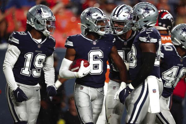 Jaquarii Roberson (6) of the Dallas Cowboys celebrates after a special teams play against the Denver Broncos during a preseason game at Empower Field At Mile High on Saturday, Aug. 13, 2022, in Denver. (Jamie Schwaberow/Getty Images/TNS)