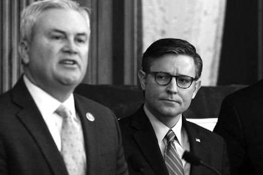SPEAKER MIKE Johnson, RLa., right, and Rep. James Comer, R- Ky., conduct a news conference on an impeachment inquiry on Nov. 29, 2023. (Tom Williams/CQ Roll Call via Zuma Press/TNS)