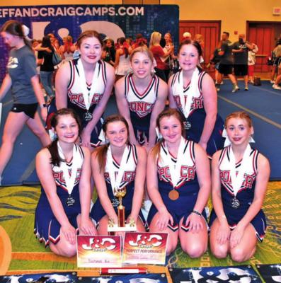 All American Cheerleaders, front row from left, were Tootie Bales, Emma Kate Graham, Ashton Leven and Rikki Baird, and back row, McKenzie Cox, Jayce Bickford and Piper Jones.