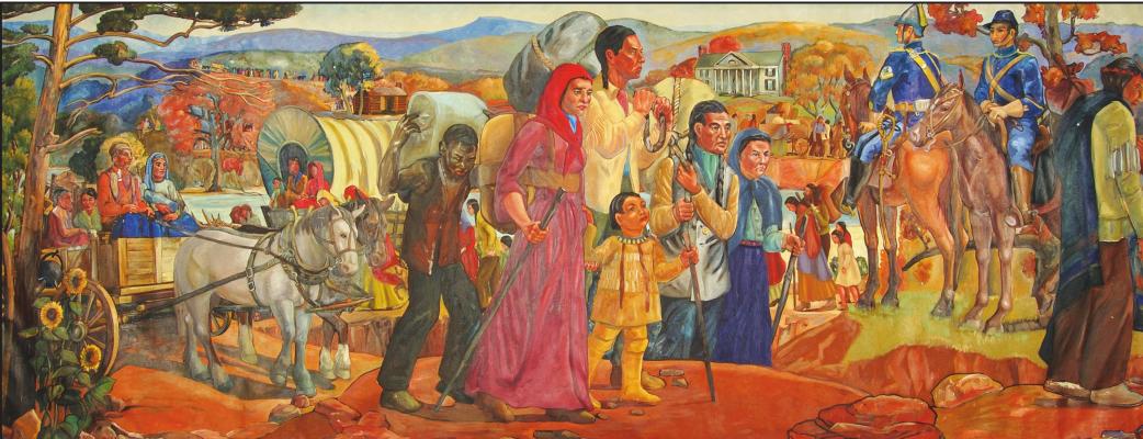 THE 1938 mural, “Trail of Tears” by Elizabeth Janes, depicts the arrival of the Cherokees in Indian Territory in the 1830s. Image courtesy of the Oklahoma Historical Society.