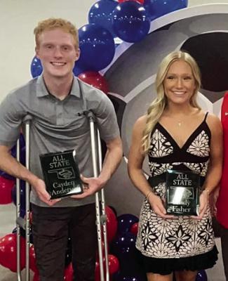 PONCA CITY soccer players Cayden Andersen and Lindy Fisher have been named to the Oklahoma Soccer Coaches Association All-State team. By being named to the team, both are eligible to play in the annual All-State game in June. The awards were announced during this week’s Soccer Awards program at Po-Hi. Ben Steichen is the Ponca City head boys coach and Mike Arnold is the head girls’ coach.