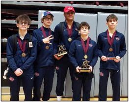 FIVE PONCA CITY wrestlers placed in the Jenks Invitational Tournament Friday and Saturday. From left are, Jimmy Swenson, third at 106 pounds; Jack Swenson, fourth at 126 pounds; Gabe Roland 215 pound champion; Chris Kiser, first at 113 and tournament outstanding wrestler; and Cameron Kiser, third at 120 pounds. As a team Ponca City finished fourth out of a field of 24.