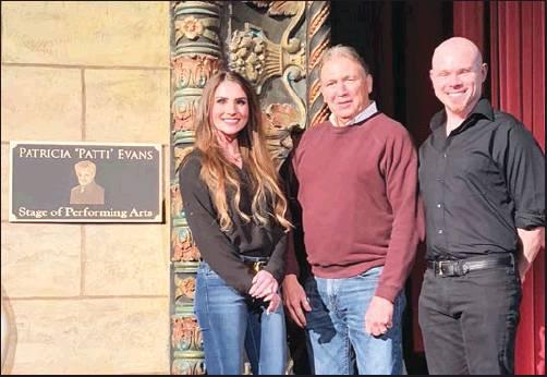 THE BOARD of The Poncan Theatre has named the stage as the Pat “Patti” Evans — Stage of Performing Arts. Pictured, from left, are Kimberly Evans McCall, granddaughter of Pat Evans, Allen Hardesty, board member, and Christopher James, director of The Poncan Theatre.