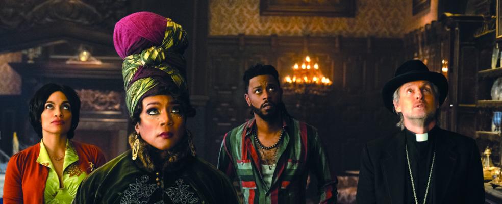 FROM LEFT, Rosario Dawson as Gabbie, Tiffany Haddish as Harriet, LaKeith Stanfield as Ben and Owen Wilson as Father Kent in Disney’s live-action “ Haunted Mansion.” (Jalen Marlowe/Disney/TNS)