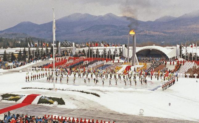 THIS 1980 photo shows the opening ceremony of the XIII Winter Olympics in Lake Placid, N.Y. Lake Placid is celebrating the 40th anniversary of the Winter Olympics that were held in the Adirondack Mountain village. It’s an important moment for Lake Placid, which will host the 2023 Winter World University Games, and a reminder of its place as one of only three resort towns to host two Winter Olympiads.(AP Photo)