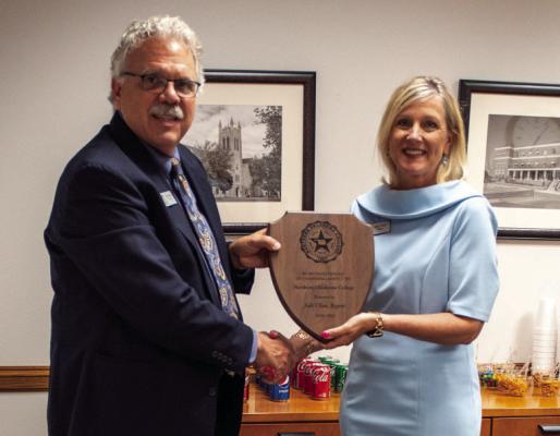 NOC REGENT Jodi Cline was honored Wednesday at her final regent meeting by the board of regents and president Dr. Clark Harris. (photo by Shiloh Martin/Northern Oklahoma College)